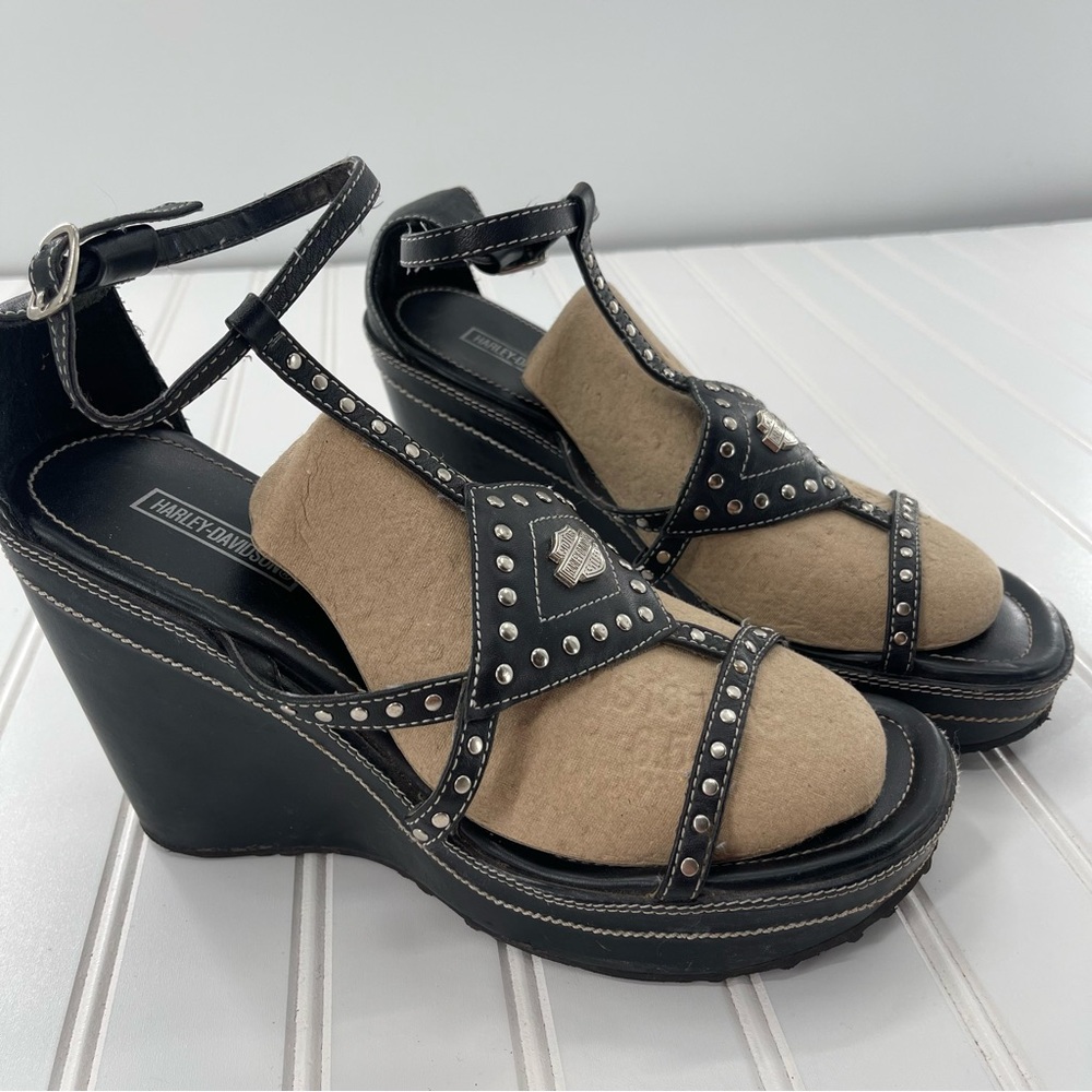 Harley Davidson Jessica Black Leather Studded Y2K Biker Wedge Sandals Size 8